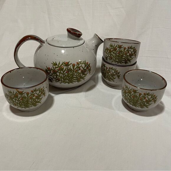 Takahashi vintage floral pattern gray speckled stoneware tea pot with 4 teacups - Picture 6 of 16